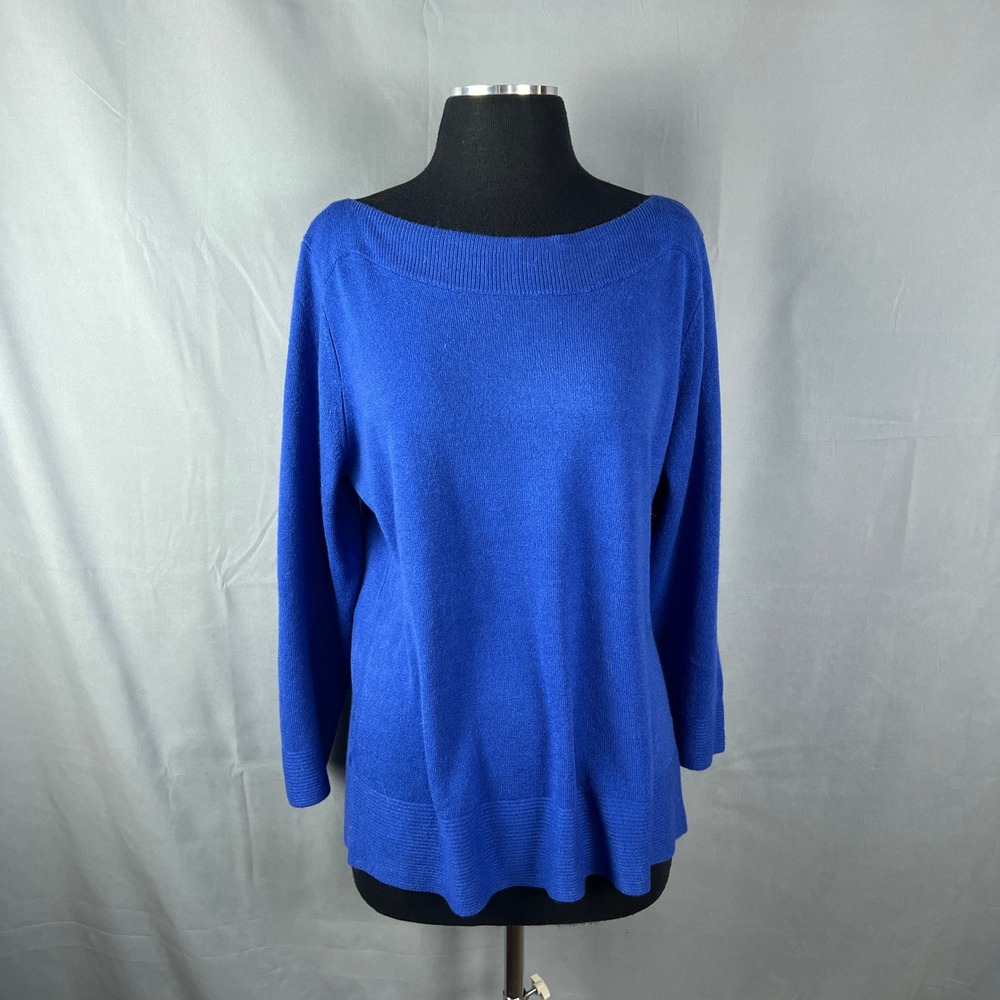 Karen Scott Sweater Womens Large Blue Ribbed Tight Knit Boat Neck Warm Winter